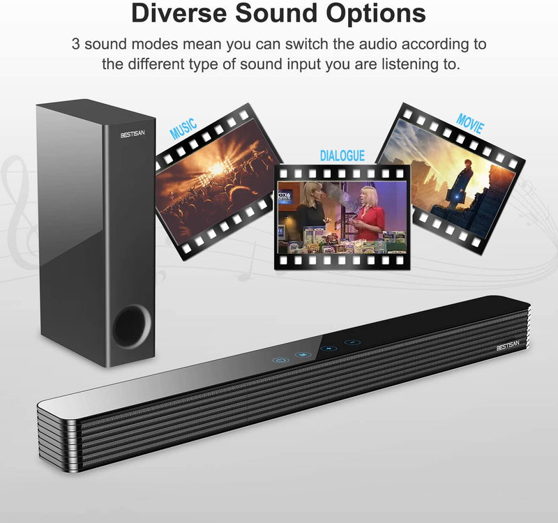 Bestisan Sound Bar/TV Sound Bar with Wired Subwoofer, 120W 2.1 Soundbar, Wired &amp; Wireless Bluetooth 5.0 Speaker for TV, 25 Inch, Optical/Aux/Coaxial, Bass Adjustable Surround Sound for Home Theater | Open Box - Xtrasaver