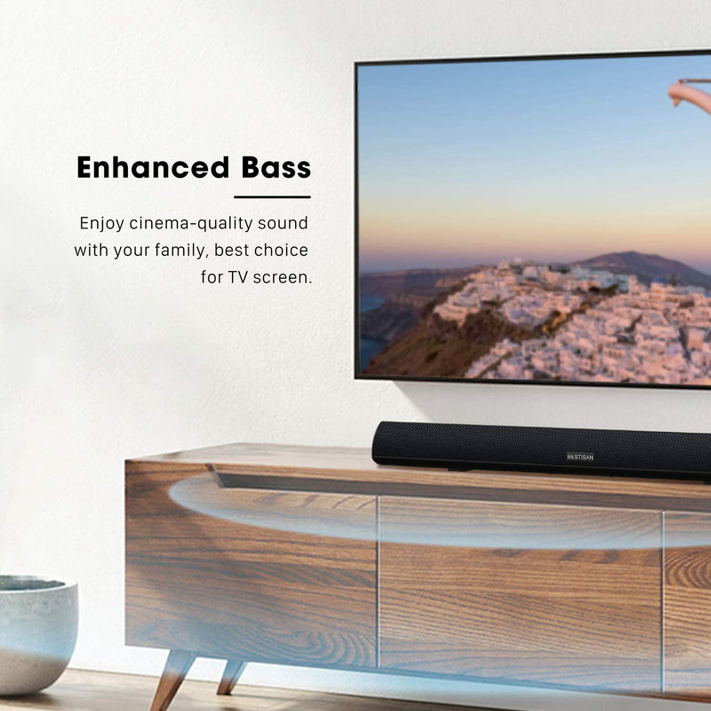 BESTISAN Soundbar/TV Sound Bar with Dual Bass Ports Wired and Wireless Bluetooth 5.0 Home Theater System (28 Inch, Enhanced Bass Technology, 3-Inch Drivers, Bass Adjustable, Wall Mountable, Dsp) | Open Box - Xtrasaver