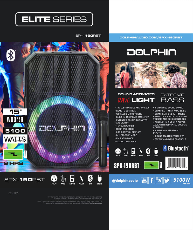 Brand New Dolphin Elite Series 5100W 15" Rechargeable Party Speaker Use as Portable PA&Karaoke System SPX-190RBT - Xtrasaver
